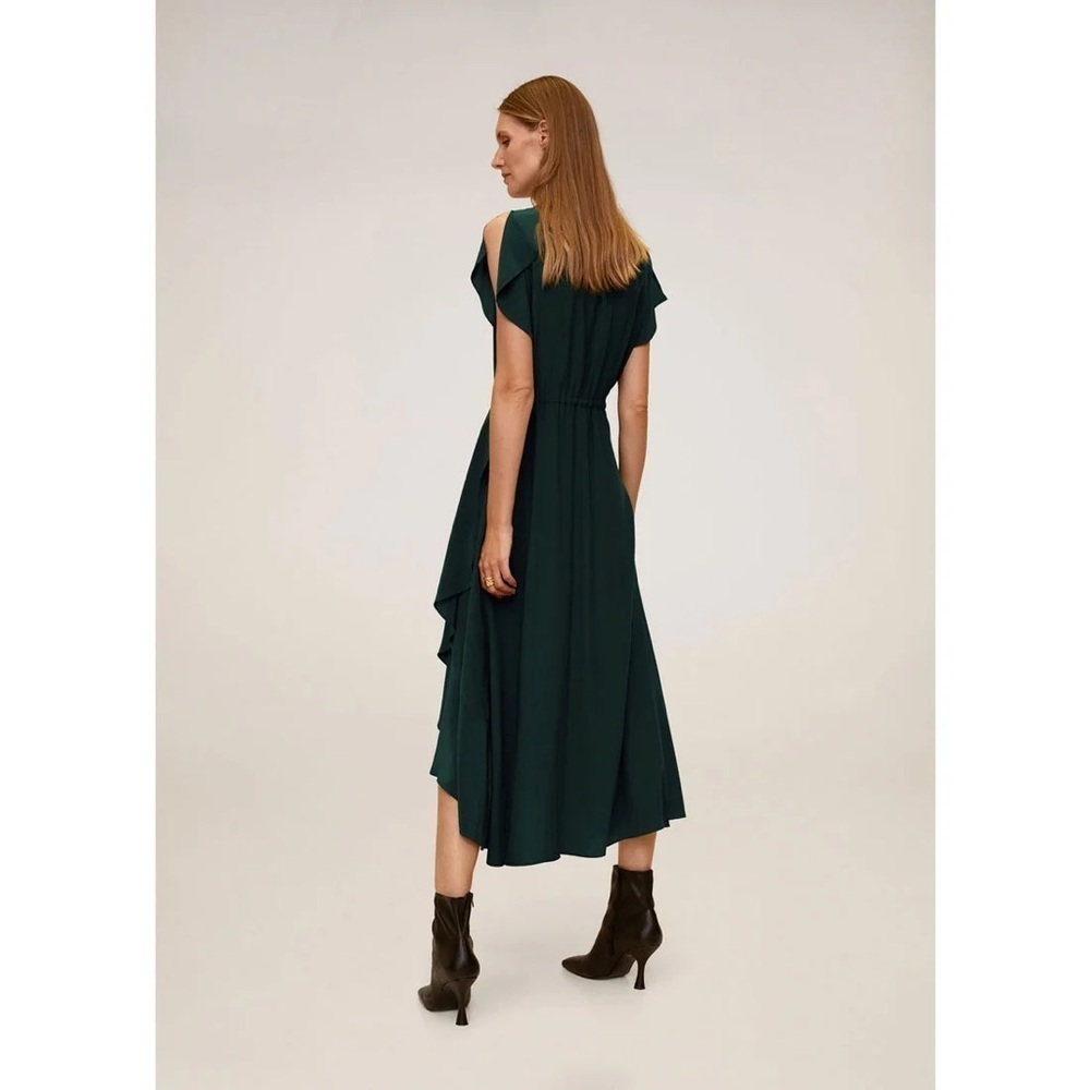 Mango Day Dress Green Wrap Midi Long Flowy Sleeve Tie Side Size 10